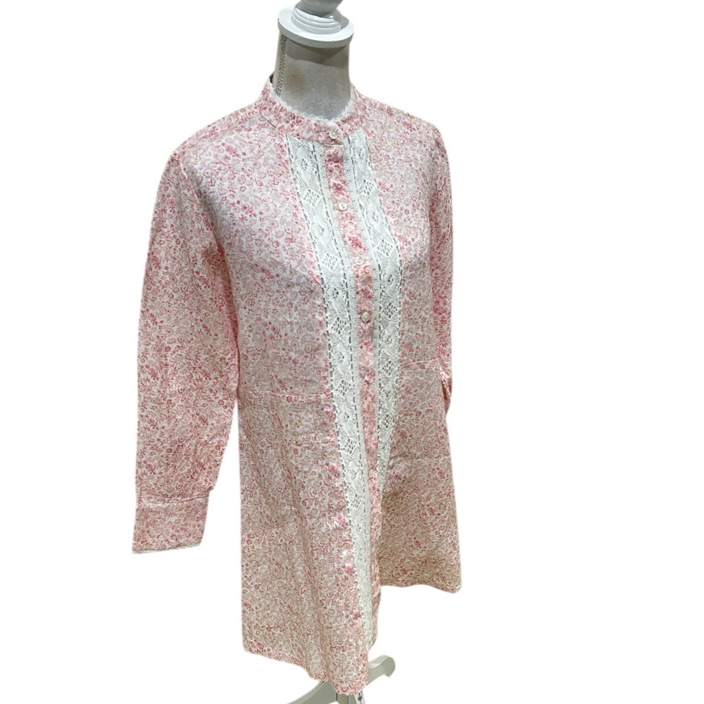 Nwot Asha plage pale Pink Floral Long Sleeve mini Dress Lace Trim linen medium - Picture 3 of 8